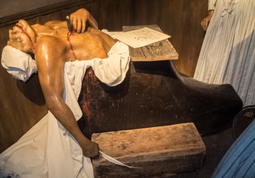 Marat waxwork in the actual bath in which he was stabbed